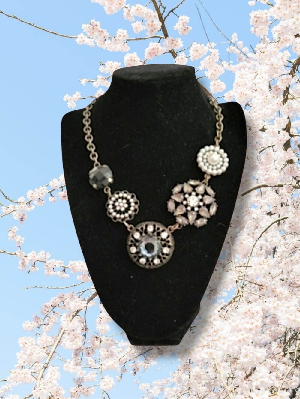 Lia Sophia | Elegant Antiqued Bronze Asymmetric Crystal Statement Necklace